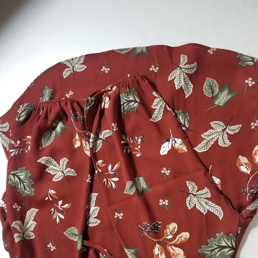 LOFT BOHO LEAF BLOUSE BURNT RED GREEN ORANGE SIZE MEDIUM - Picture 9 of 11